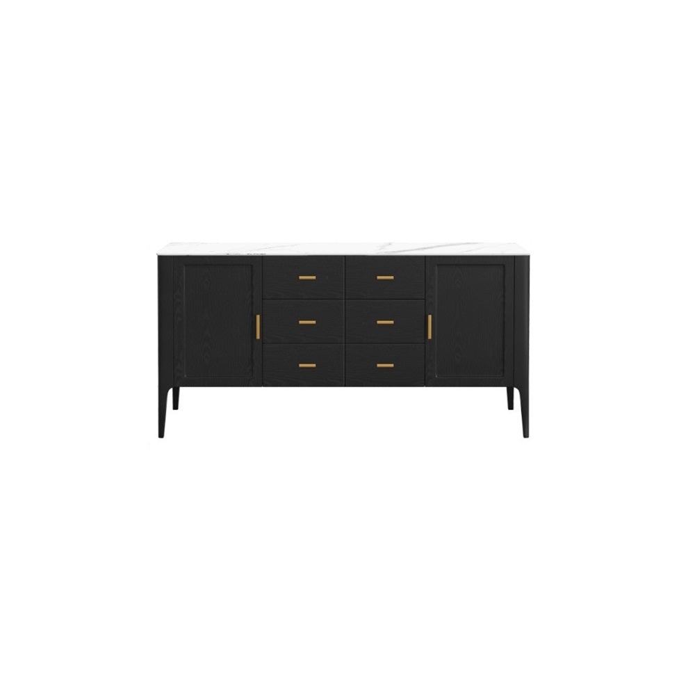 Modern Black Stone Top Buffet Drawers & Doors Kitchen Cabinet Gold Pull in Small