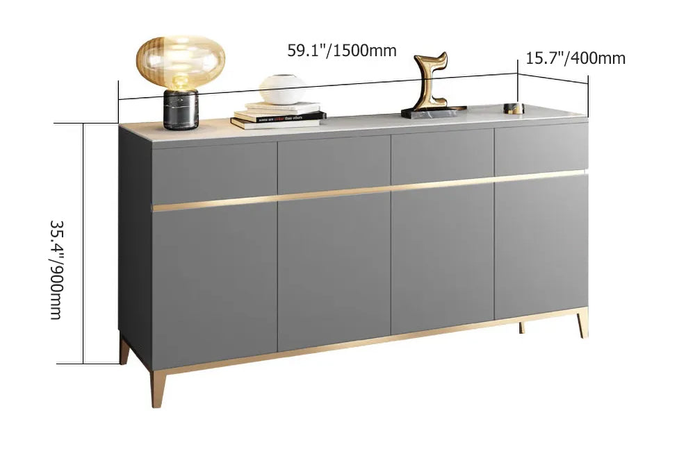 59" Black Modern Sideboard with Stone Top & 4 Doors & 4 Drawers in Large
