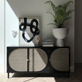 63" Rectangular Black Rattan Sideboard Buffet 3 Doors Storage Cabinet Plywood
