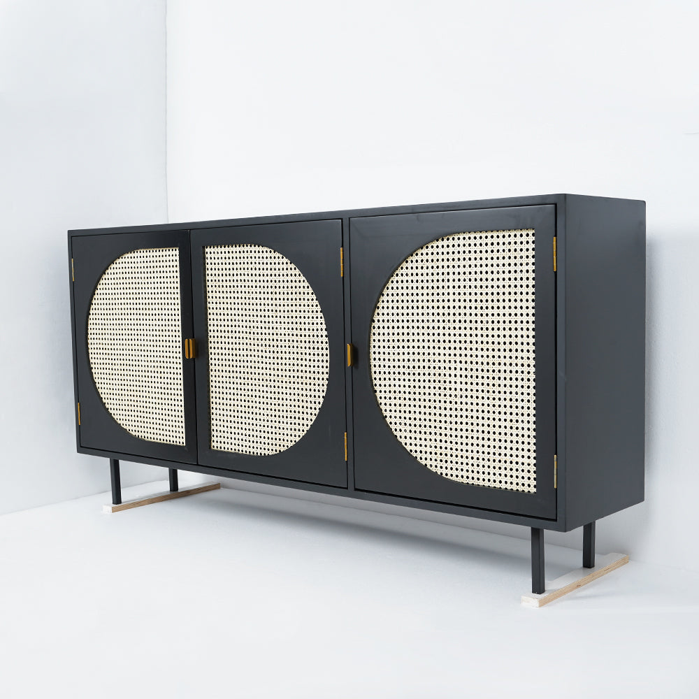 63" Rectangular Black Rattan Sideboard Buffet 3 Doors Storage Cabinet Plywood
