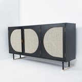 63" Rectangular Black Rattan Sideboard Buffet 3 Doors Storage Cabinet Plywood