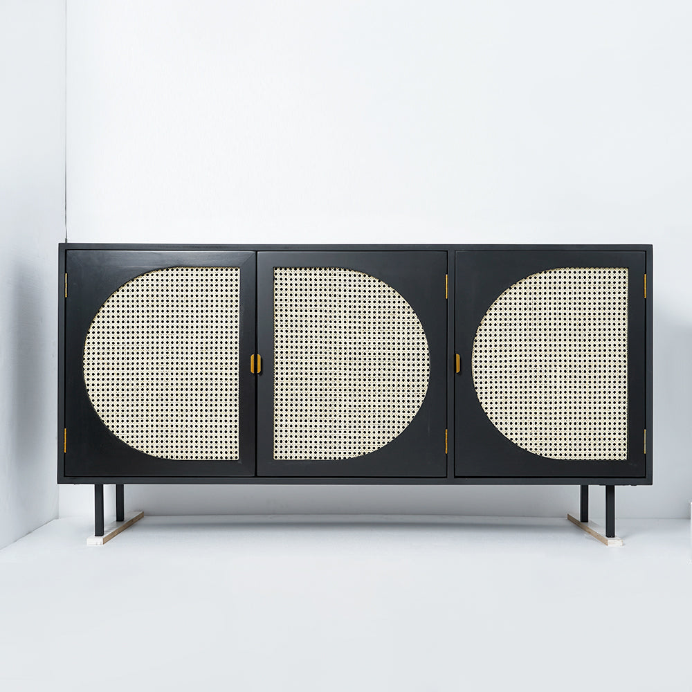 63" Rectangular Black Rattan Sideboard Buffet 3 Doors Storage Cabinet Plywood