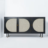 63" Rectangular Black Rattan Sideboard Buffet 3 Doors Storage Cabinet Plywood