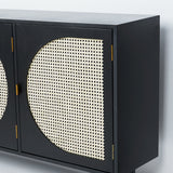 63" Rectangular Black Rattan Sideboard Buffet 3 Doors Storage Cabinet Plywood