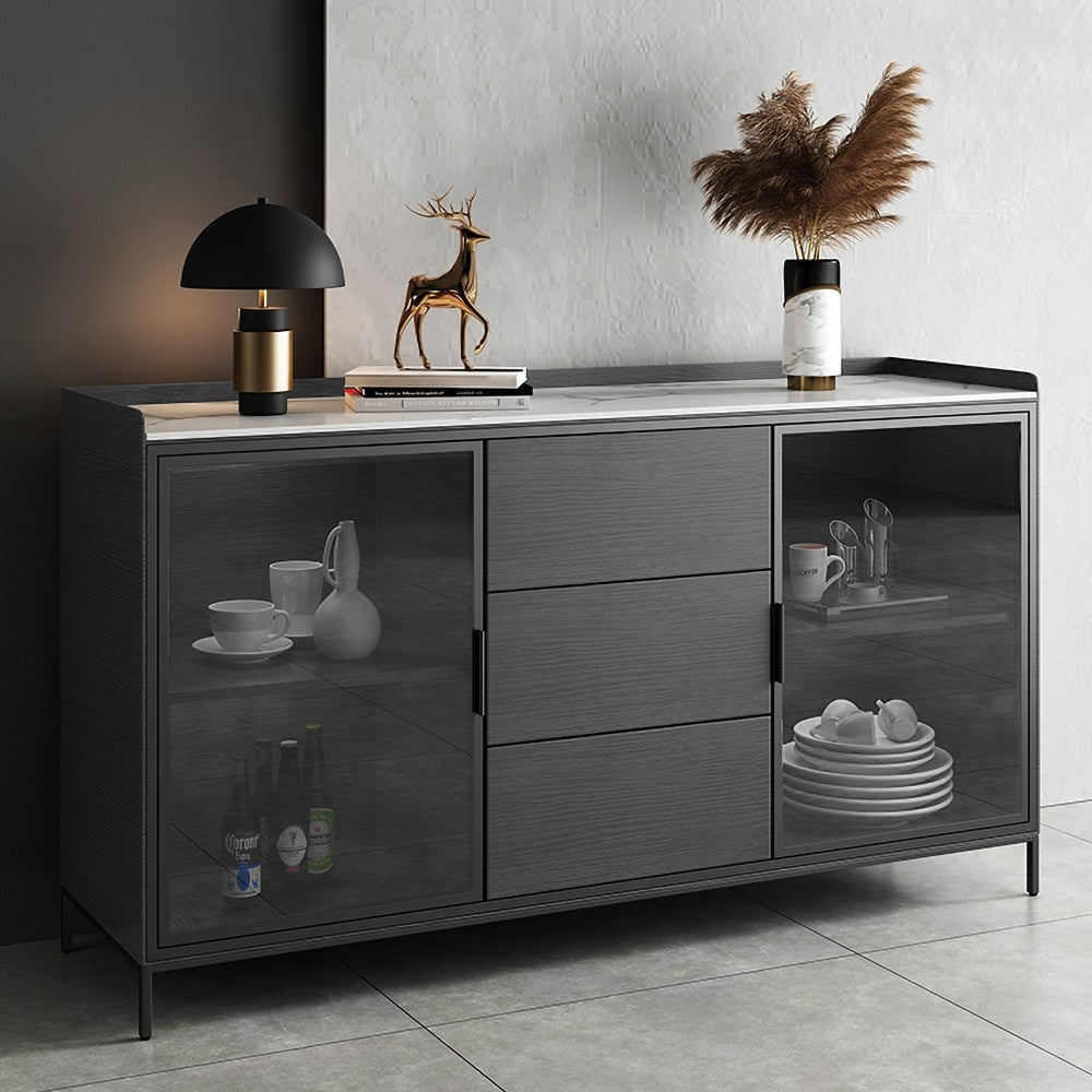 59" Black Sideboard Buffet Doors&Drawers Stone Top Modern Sideboard Cabinet in Large