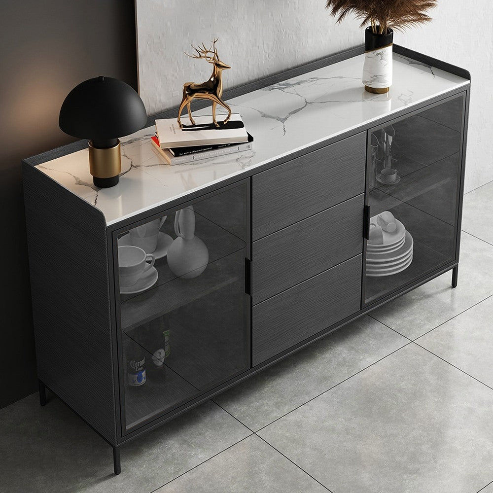 59" Black Sideboard Buffet Doors&Drawers Stone Top Modern Sideboard Cabinet in Large