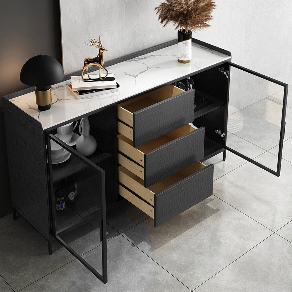 59" Black Sideboard Buffet Doors&Drawers Stone Top Modern Sideboard Cabinet in Large