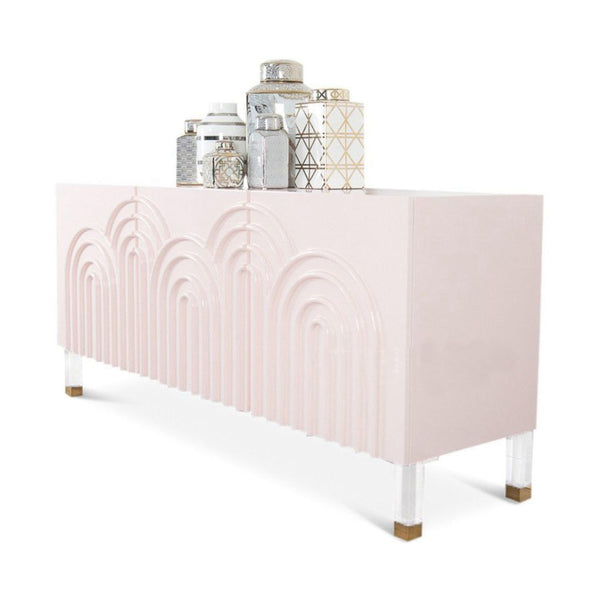 Pink Credenza Cabinet 3 Door Wavy Pattern Sideboard Acrylic Legs-Wehomz