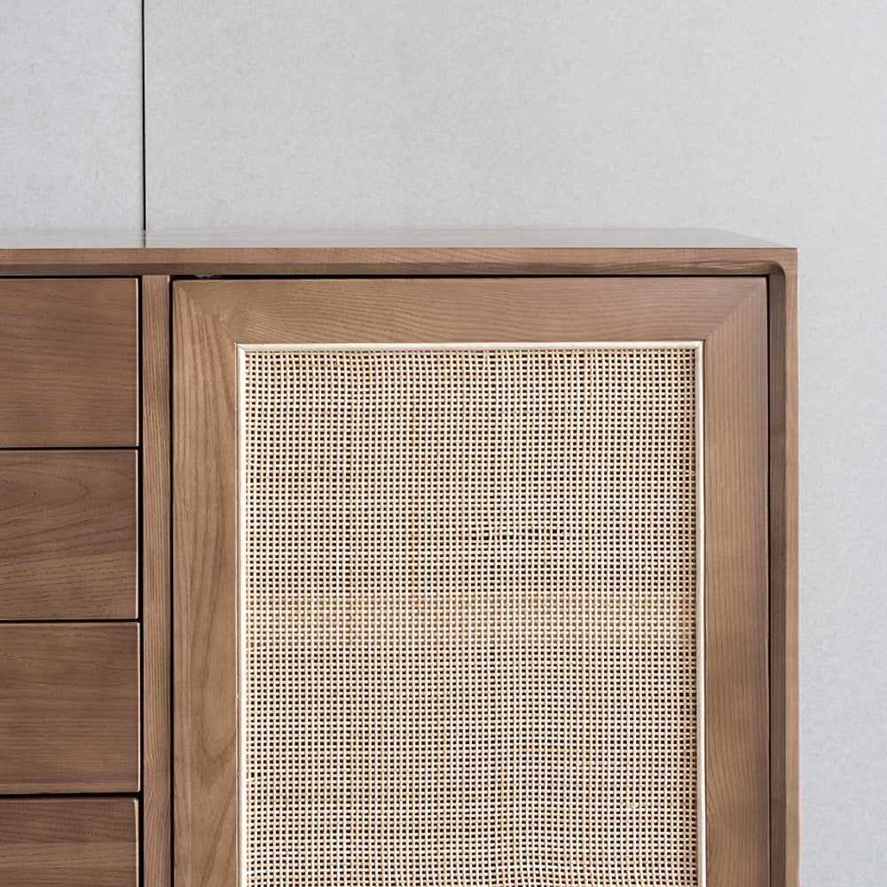 55" Cottage Walnut Sideboard Buffet Rattan with 2 Doors 4 Drawers