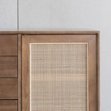 55" Cottage Walnut Sideboard Buffet Rattan with 2 Doors 4 Drawers