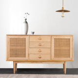 55" Cottage Walnut Sideboard Buffet Rattan with 2 Doors 4 Drawers