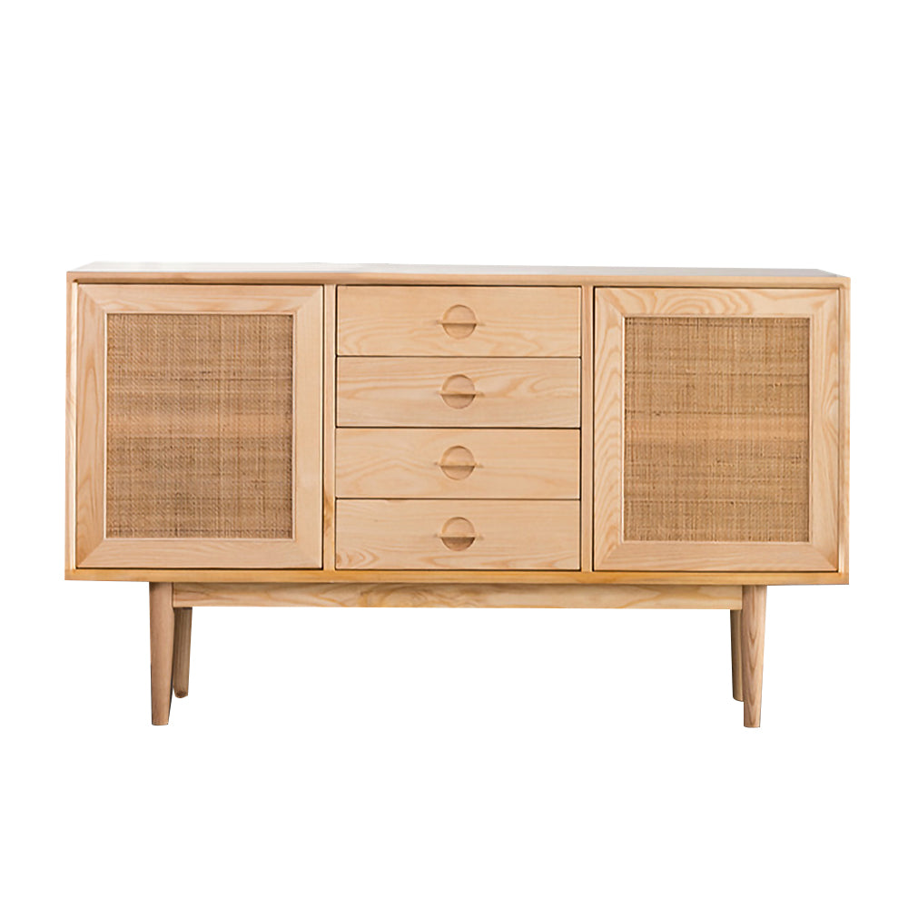 55" Cottage Walnut Sideboard Buffet Rattan with 2 Doors 4 Drawers