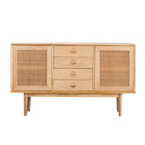 55" Cottage Walnut Sideboard Buffet Rattan with 2 Doors 4 Drawers