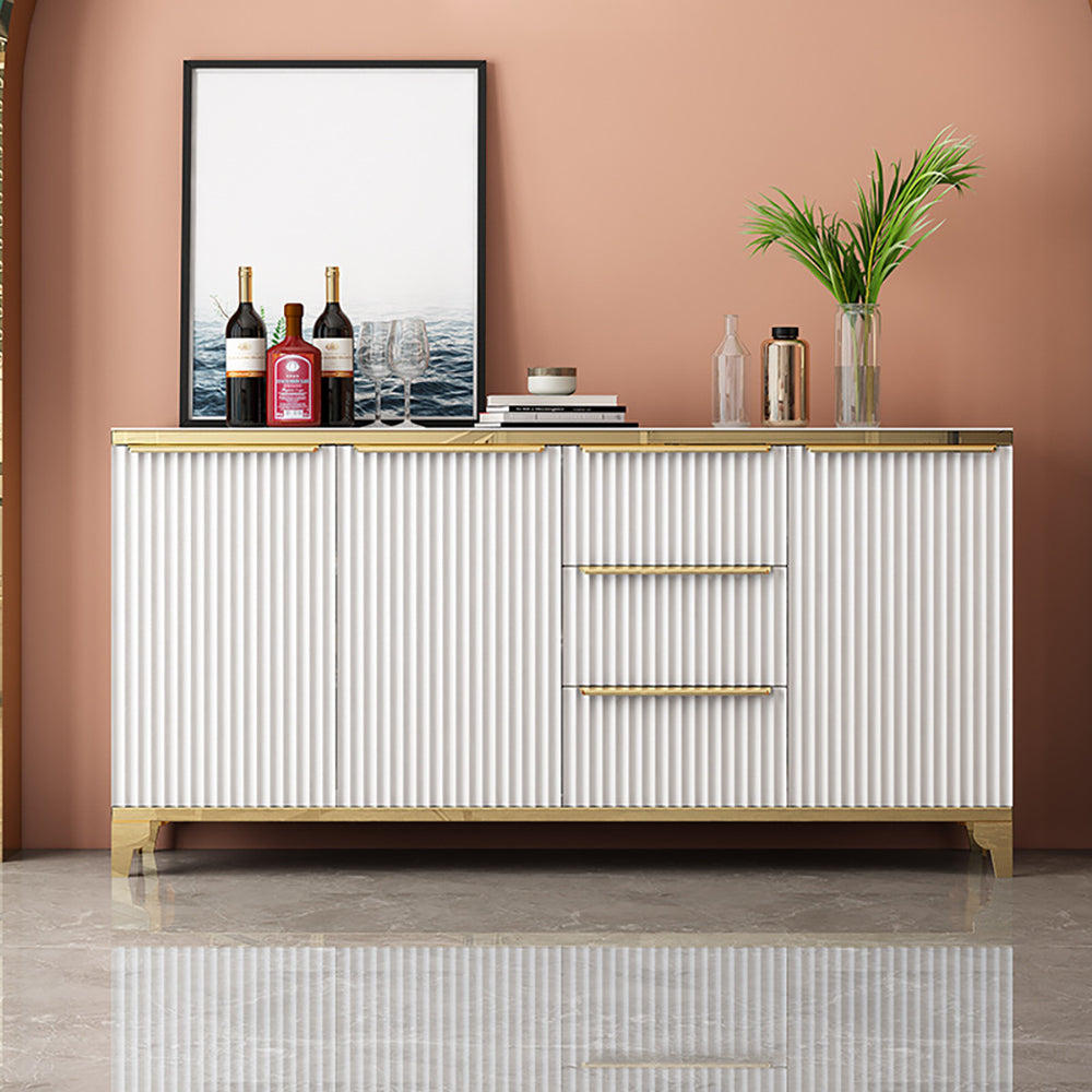 55" White Sideboard with Tempered Glass Top and 3 Drawers in Gold Finish