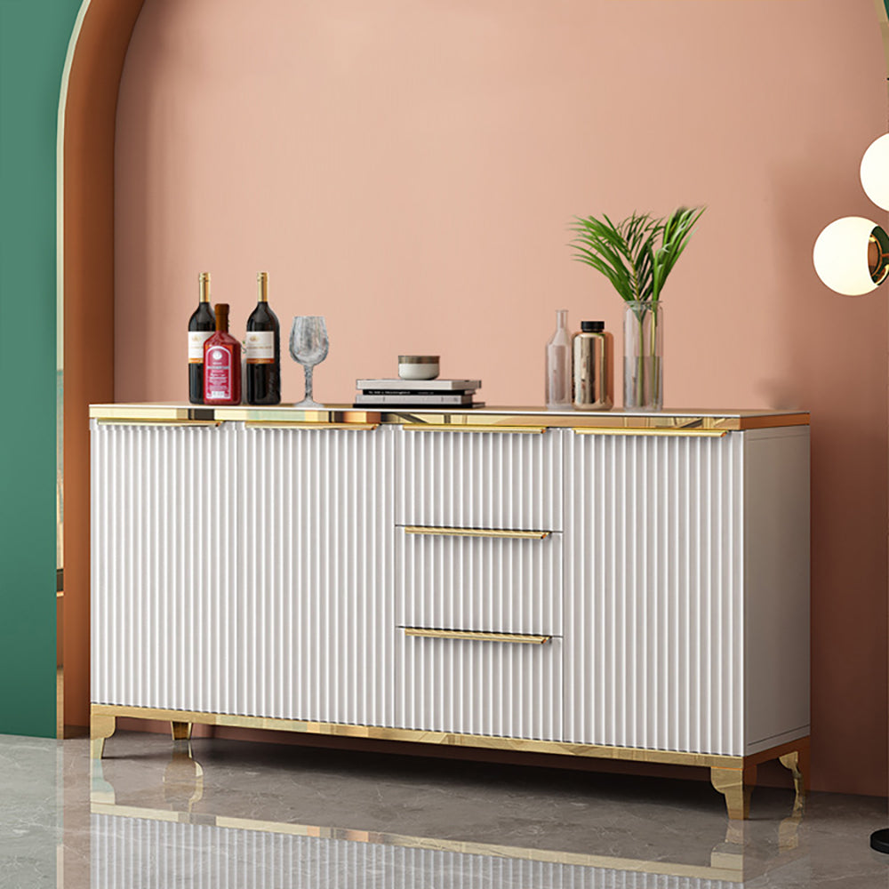 55" White Sideboard with Tempered Glass Top and 3 Drawers in Gold Finish