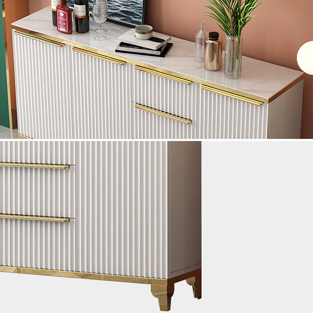 55" White Sideboard with Tempered Glass Top and 3 Drawers in Gold Finish