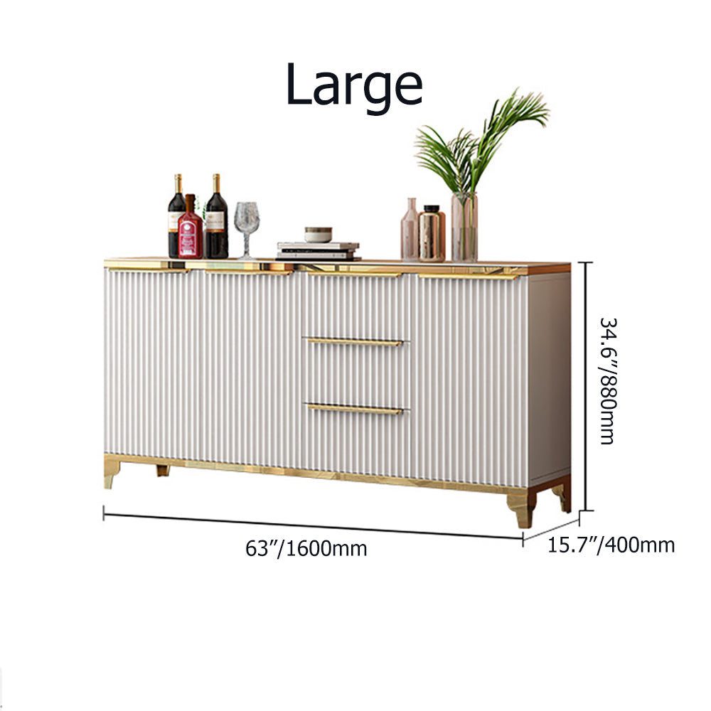 55" White Sideboard with Tempered Glass Top and 3 Drawers in Gold Finish