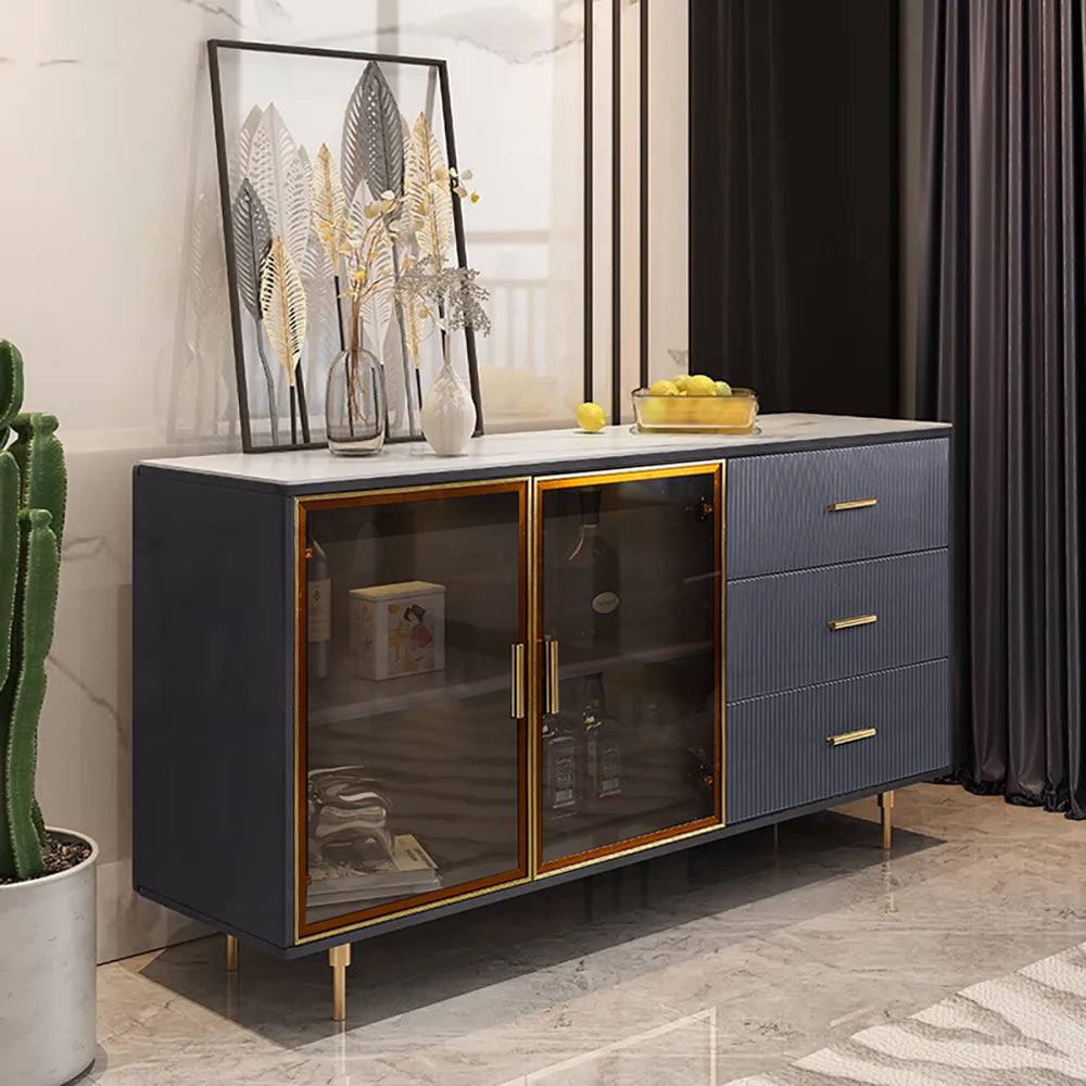 59" Modern Sideboard Stone Top Luxury Buffet Tempered Glass Doors in Large