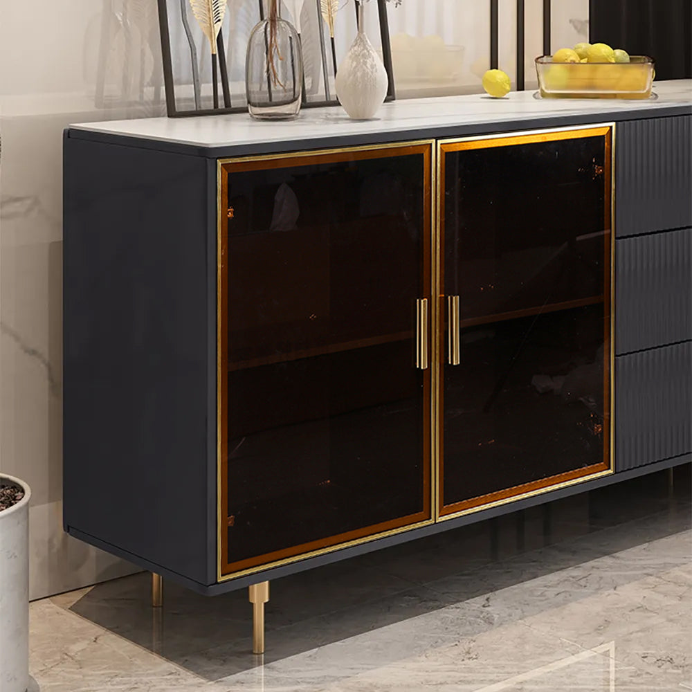 59" Modern Sideboard Stone Top Luxury Buffet Tempered Glass Doors in Large