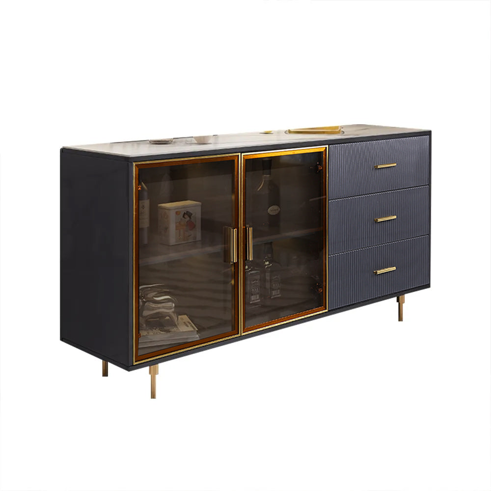 59" Modern Sideboard Stone Top Luxury Buffet Tempered Glass Doors in Large