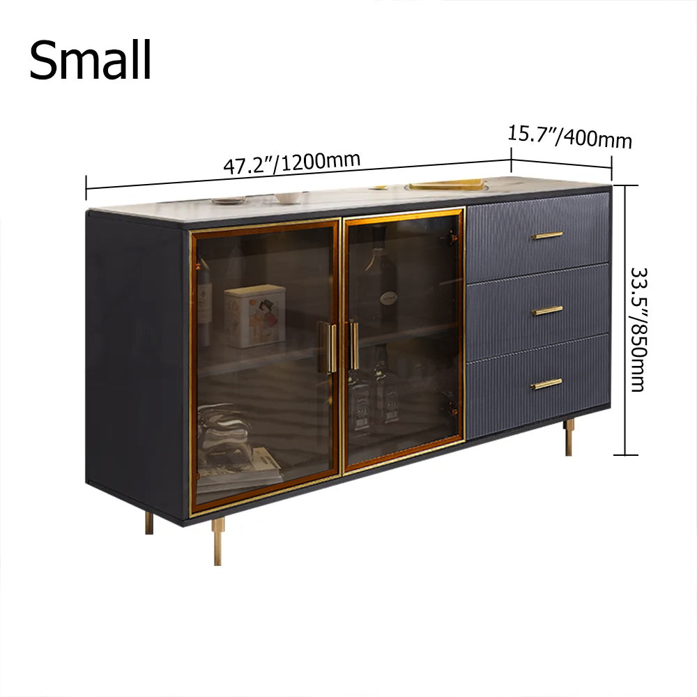 59" Modern Sideboard Stone Top Luxury Buffet Tempered Glass Doors in Large