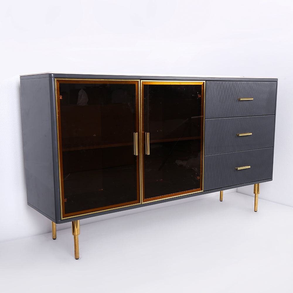 59" Modern Sideboard Stone Top Luxury Buffet Tempered Glass Doors in Large