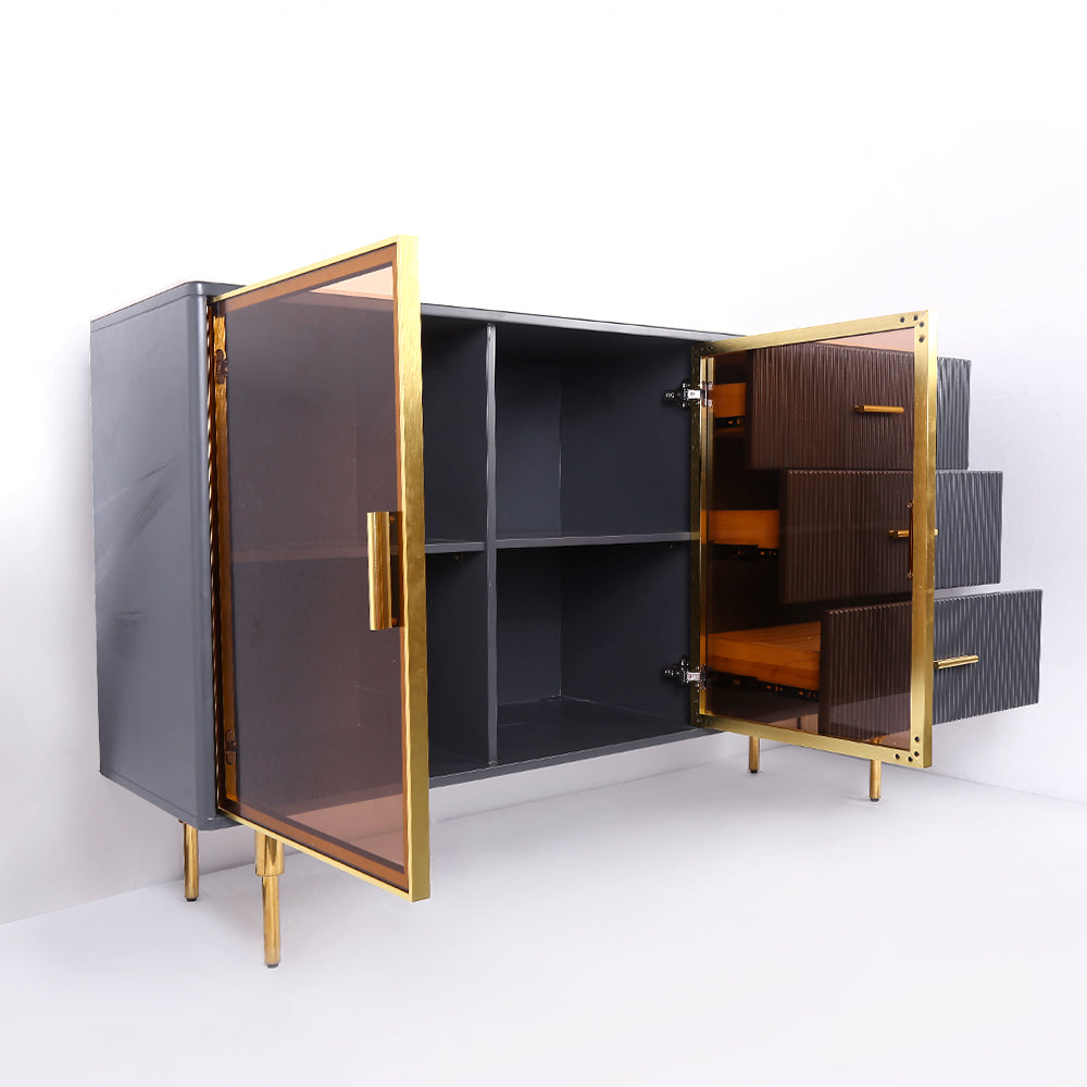 59" Modern Sideboard Stone Top Luxury Buffet Tempered Glass Doors in Large