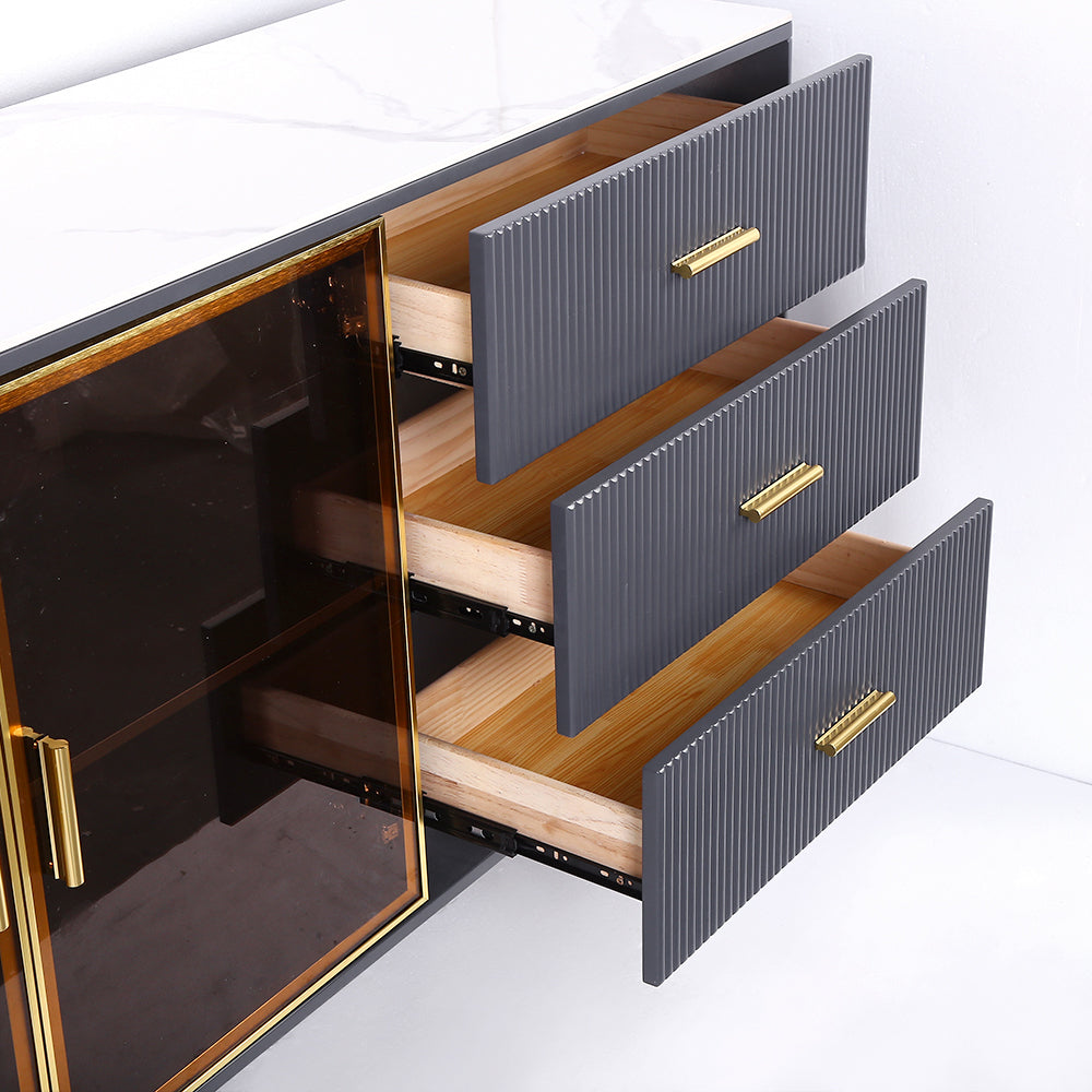 59" Modern Sideboard Stone Top Luxury Buffet Tempered Glass Doors in Large