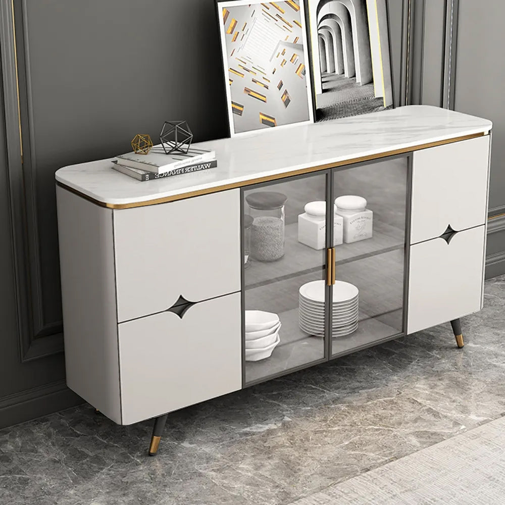 59" Modern Light Gray Sideboard Stone Top Luxury Buffet Tempered Glass Doors in Large