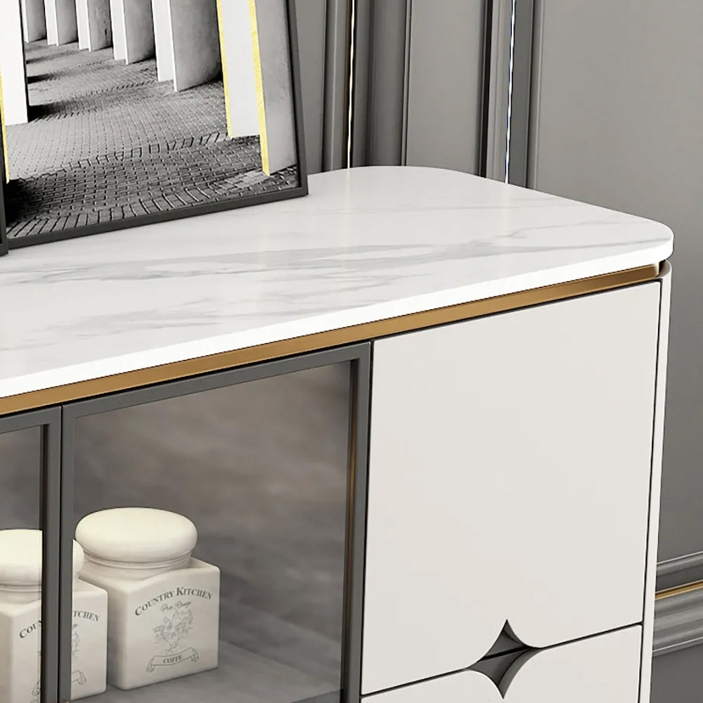 59" Modern Light Gray Sideboard Stone Top Luxury Buffet Tempered Glass Doors in Large
