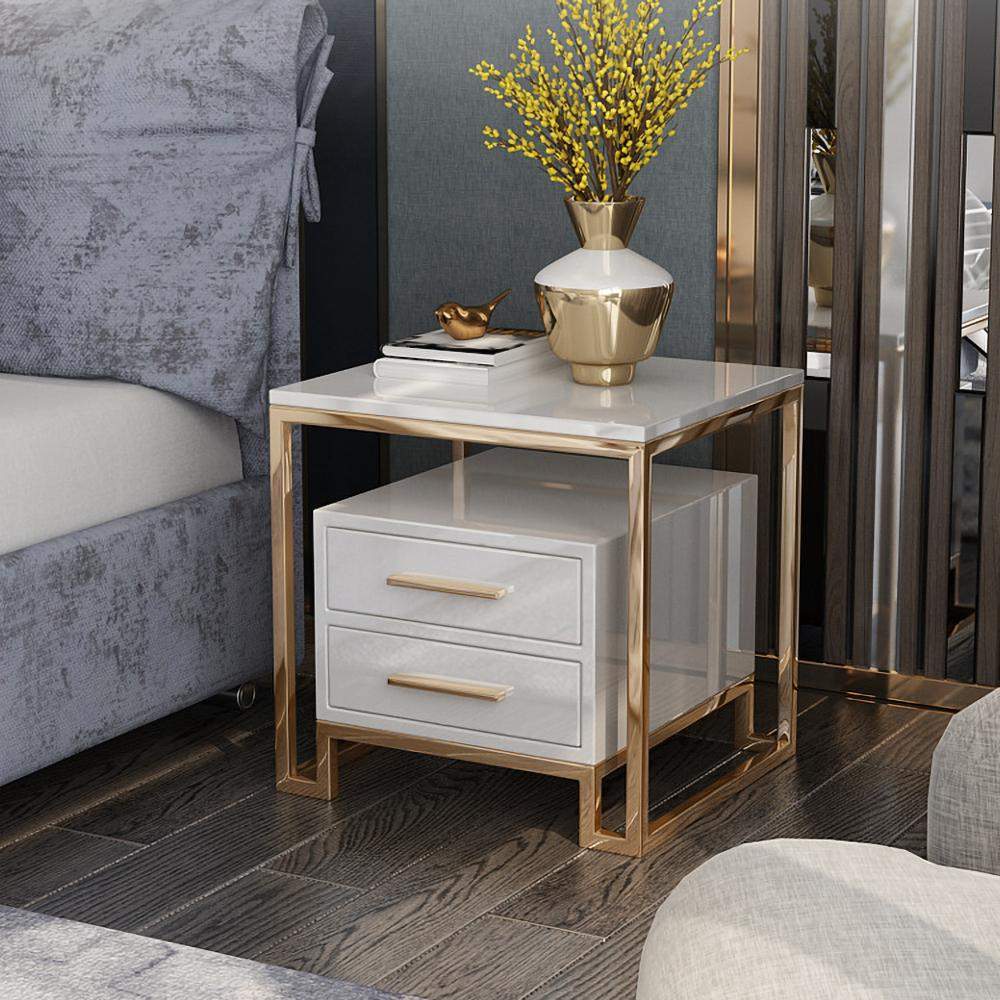 White Side Table with Two-Drawer End Table Stainless Steel in Gold-End & Side Tables,Furniture,Living Room Furniture