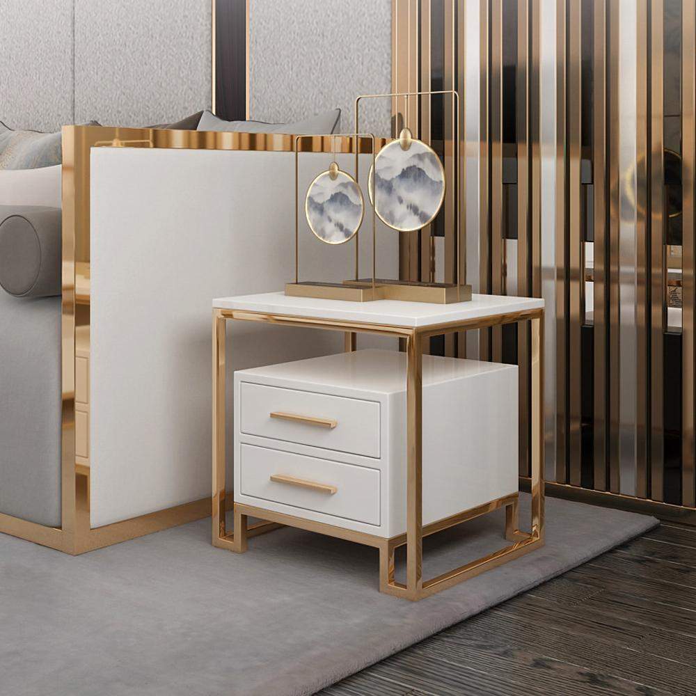 White Side Table with Two-Drawer End Table Stainless Steel in Gold-End & Side Tables,Furniture,Living Room Furniture