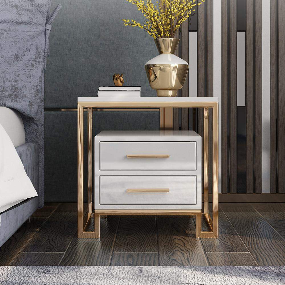 White Side Table with Two-Drawer End Table Stainless Steel in Gold-End & Side Tables,Furniture,Living Room Furniture