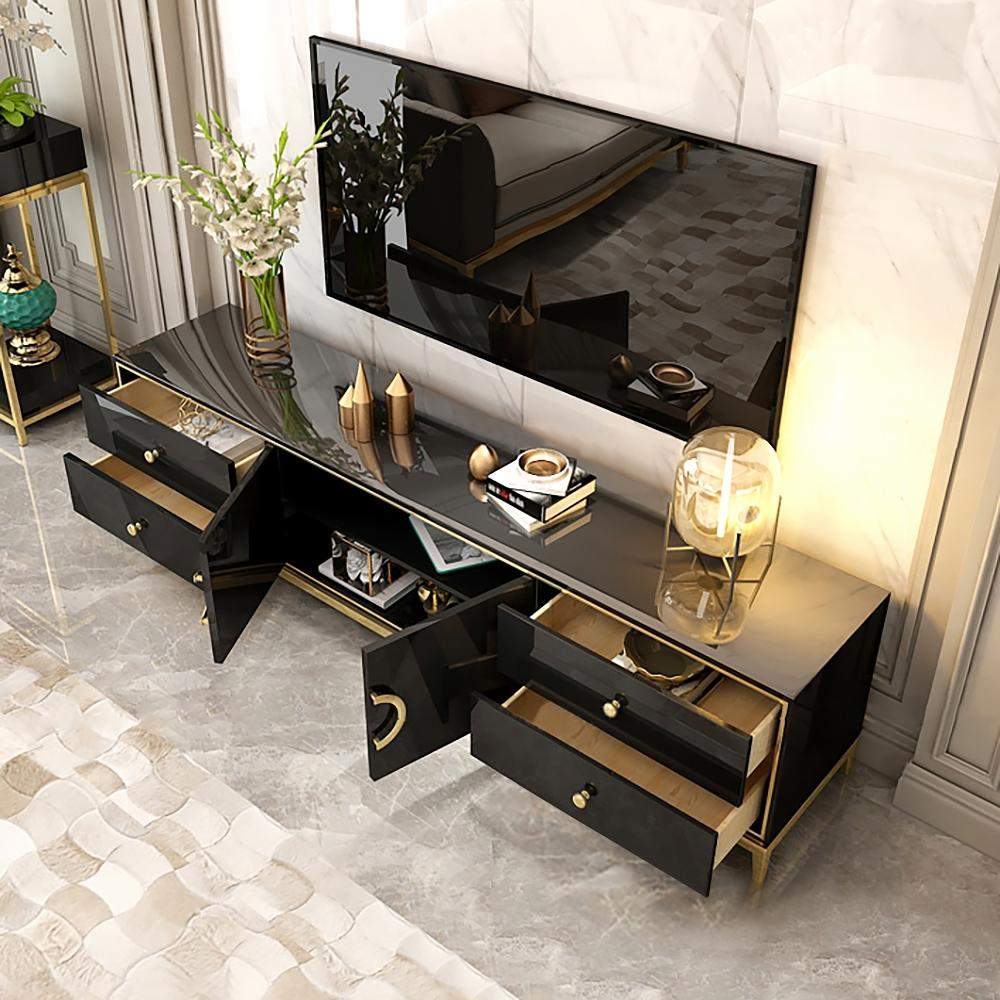 Modern Black TV Stand with Drawers & Doors Gold Media Console for TVs-Richsoul-Furniture,Living Room Furniture,TV Stands