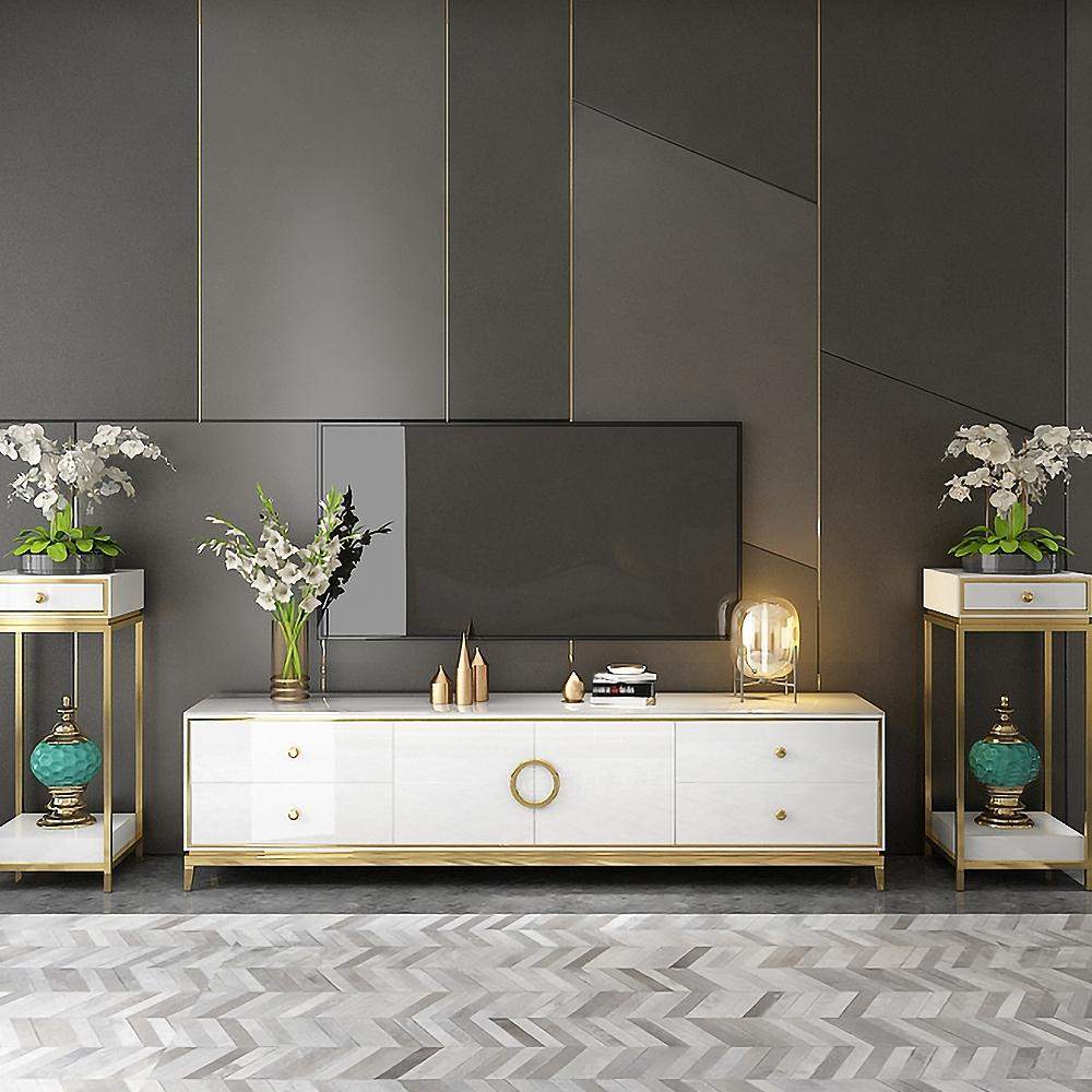 Modern Black TV Stand with Drawers & Doors Gold Media Console for TVs-Richsoul-Furniture,Living Room Furniture,TV Stands
