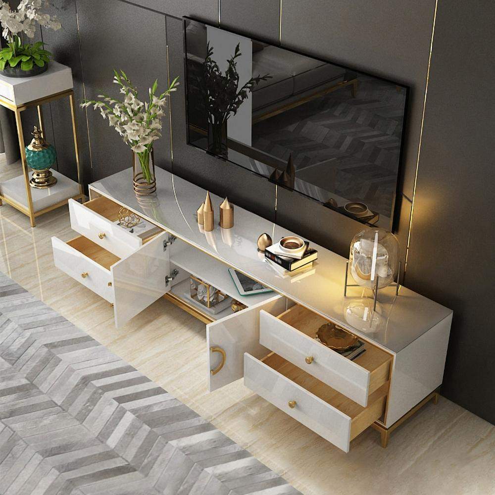 Modern Black TV Stand with Drawers & Doors Gold Media Console for TVs-Richsoul-Furniture,Living Room Furniture,TV Stands
