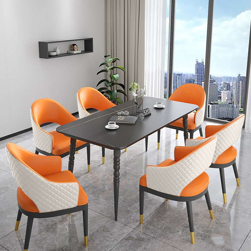 Modern Hollow Back Tufted Dining Chair Set of 2 in Beige PU Leather with Arms