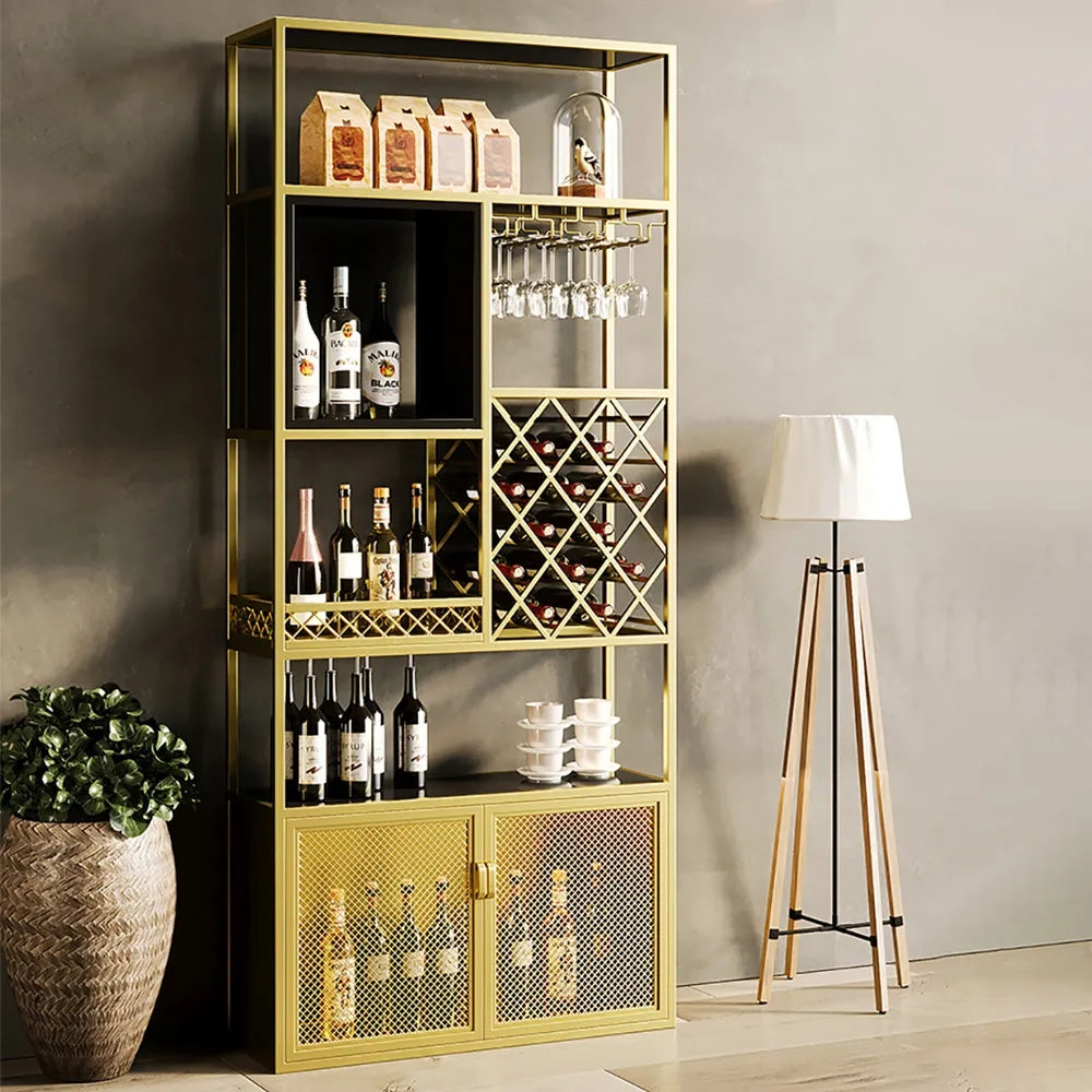 Industrial Gold 5-Tier Freestanding Wine Rack Storage with Glass Holder