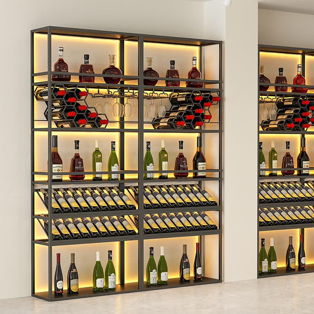 Contemporary Standing Honeycomb Wine Rack with Glass Rack in Black