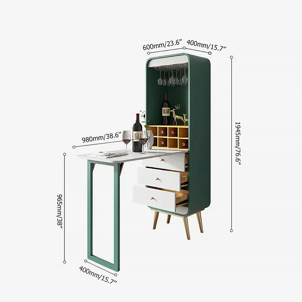 Foldable Bar Cabinet Convertible with Wine Rack & Table & 3 Drawers