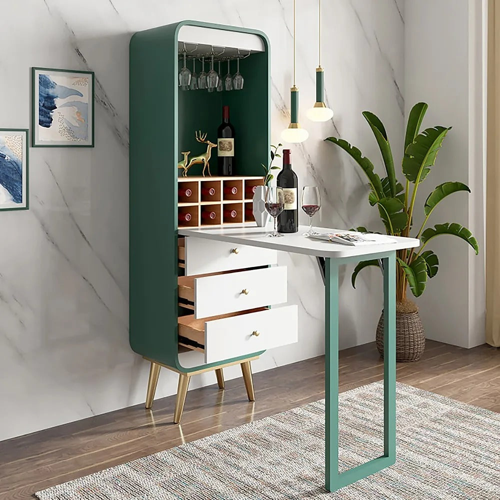 Foldable Bar Cabinet Convertible with Wine Rack & Table & 3 Drawers