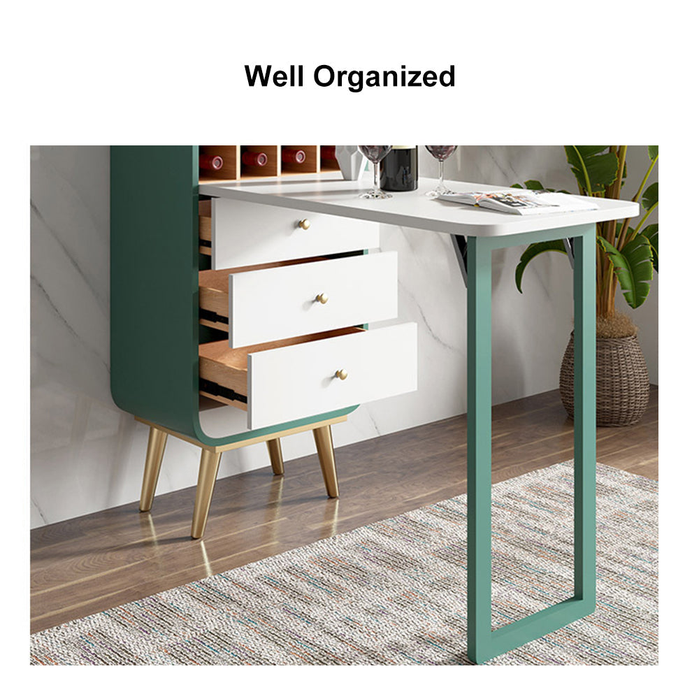 Foldable Bar Cabinet Convertible with Wine Rack & Table & 3 Drawers