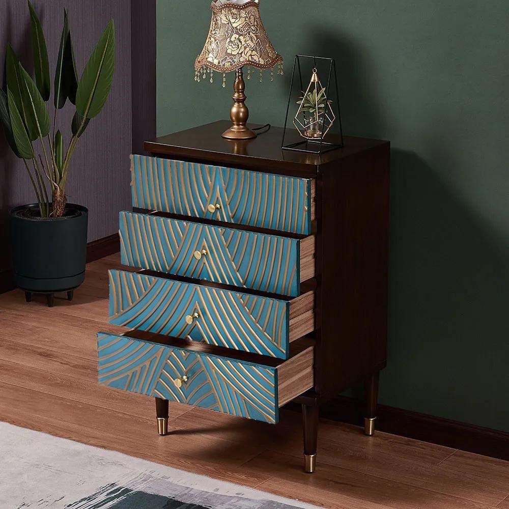 Novel Blue Cabinet Gold-Painted 3-Drawer Chest in Small-Richsoul-Cabinets & Chests,Furniture,Living Room Furniture