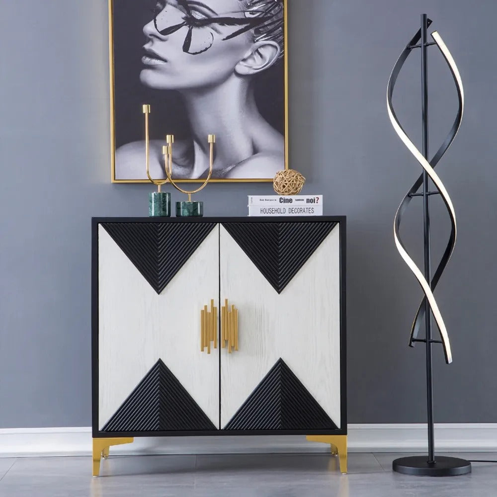 Black & White Sideboard Buffet 2 Doors & 3 Shelves Accent Cabinet Gold Finish in Small