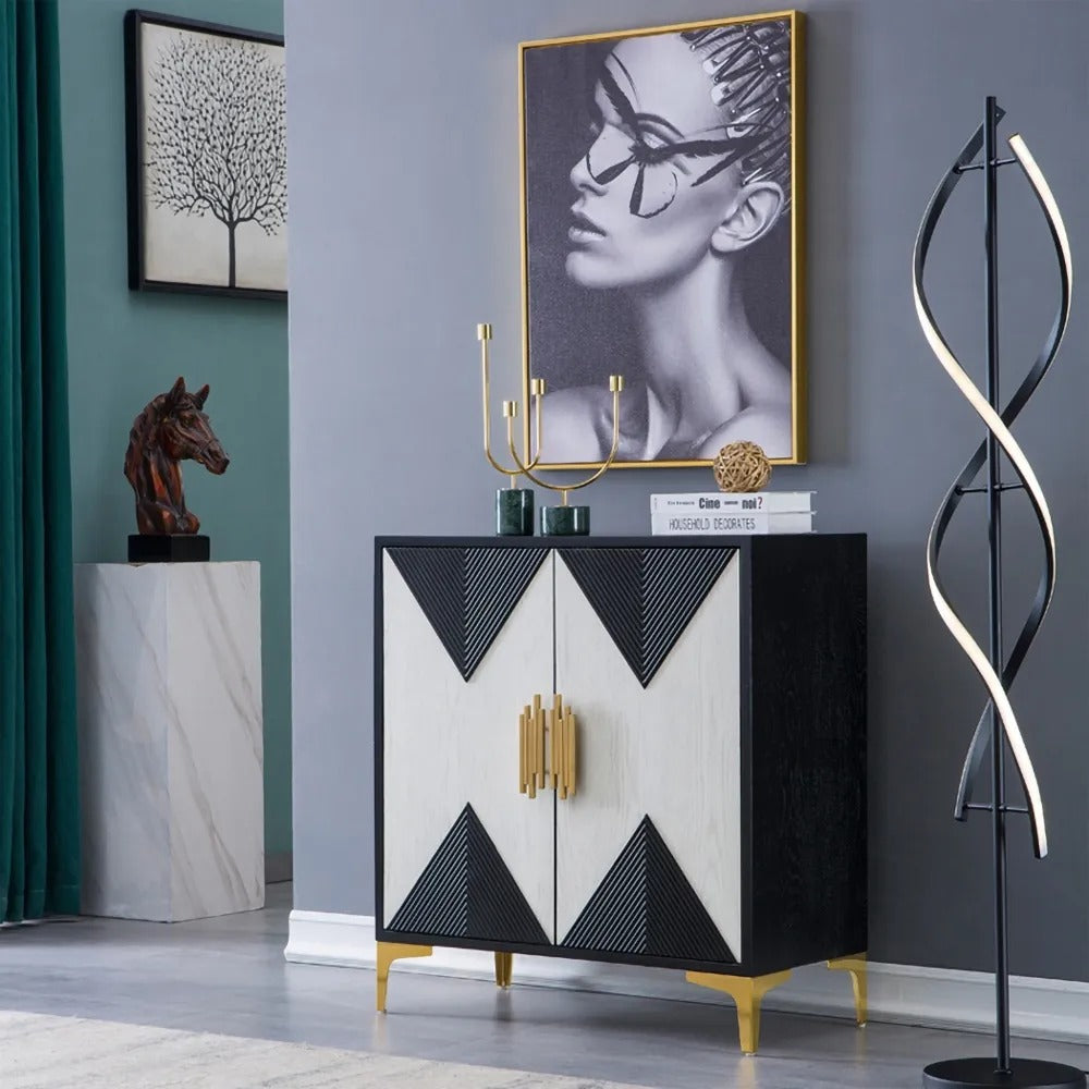Black & White Sideboard Buffet 2 Doors & 3 Shelves Accent Cabinet Gold Finish in Small