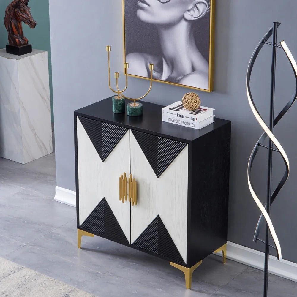 Black & White Sideboard Buffet 2 Doors & 3 Shelves Accent Cabinet Gold Finish in Small