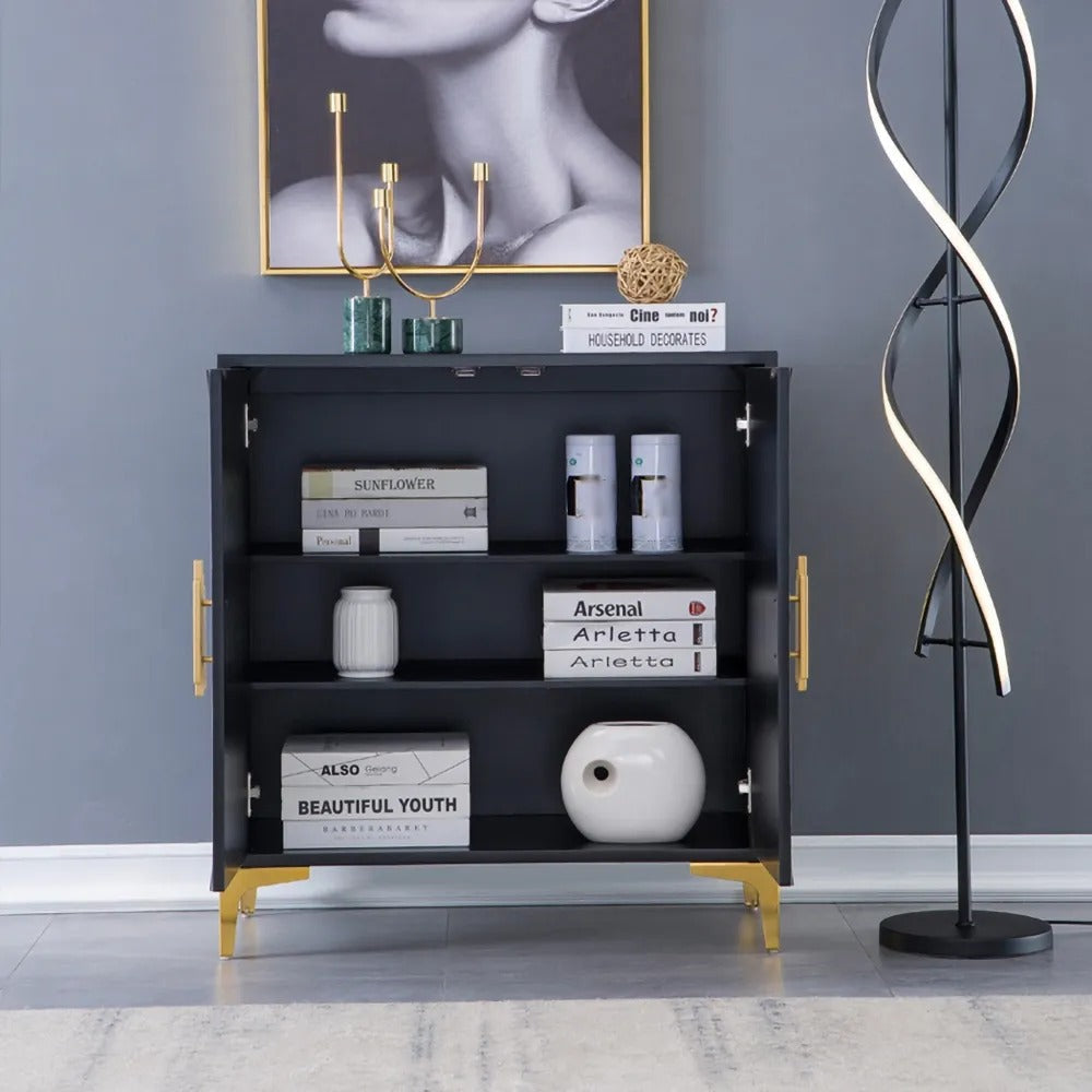 Black & White Sideboard Buffet 2 Doors & 3 Shelves Accent Cabinet Gold Finish in Small