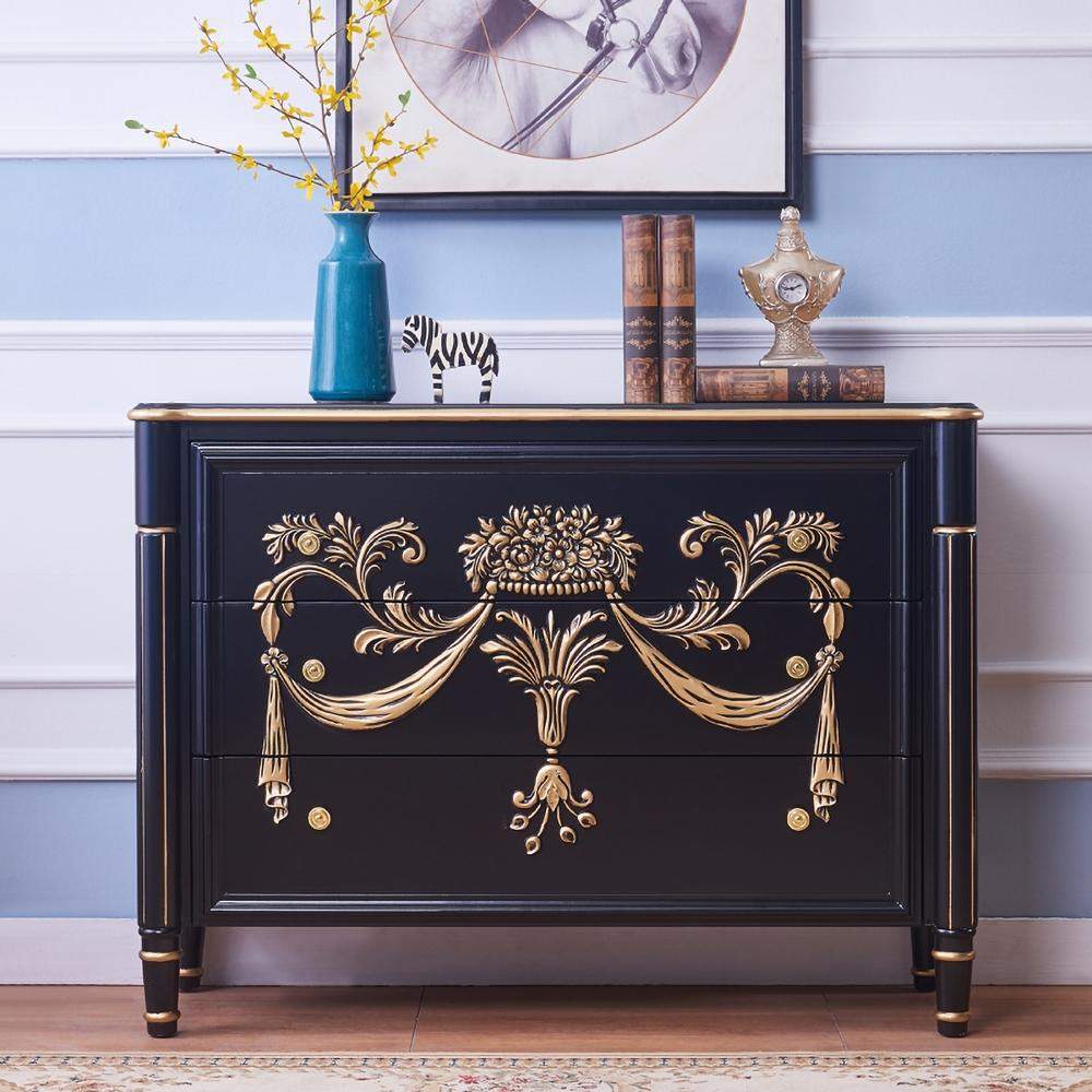 47" Classic Black Entryway Cabinet Embossed Flower Patterns 3 Chest of Drawers-Richsoul-Cabinets & Chests,Furniture,Living Room Furniture