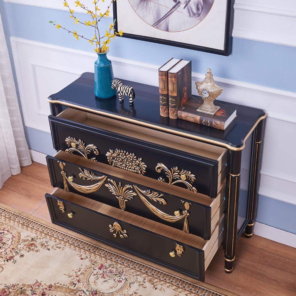 47" Classic Black Entryway Cabinet Embossed Flower Patterns 3 Chest of Drawers-Richsoul-Cabinets & Chests,Furniture,Living Room Furniture