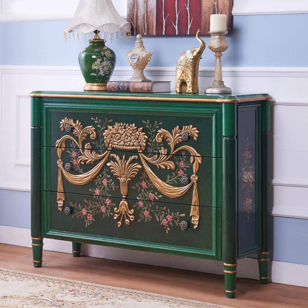 47" Classic Black Entryway Cabinet Embossed Flower Patterns 3 Chest of Drawers-Richsoul-Cabinets & Chests,Furniture,Living Room Furniture